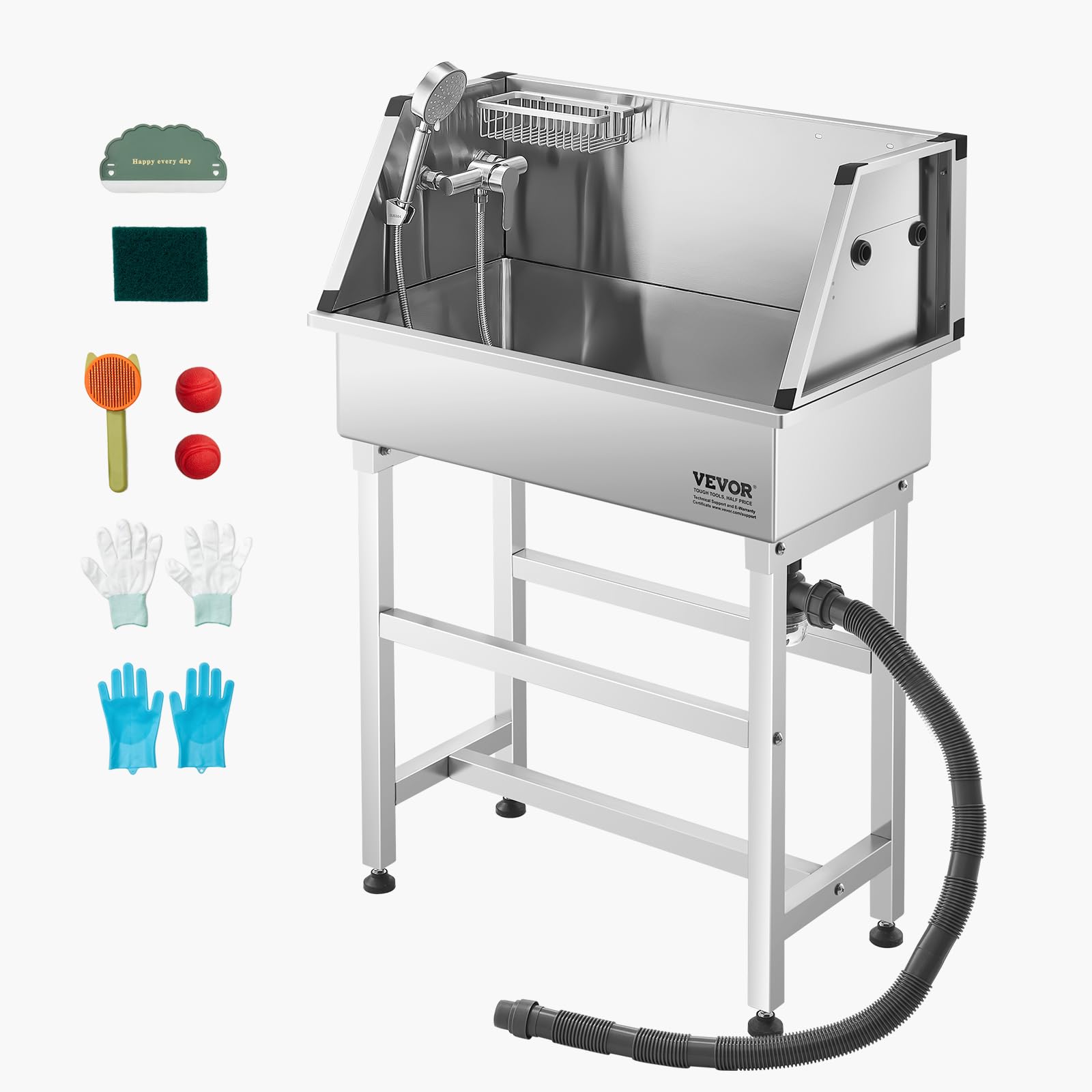 VEVOR Stazione di Lavaggio per Cani in Acciaio Inox, Vasca per Toelettatura per Animali Domestici da 86,36 cm con Rubinetto e Soffione Doccia e Palline da Gioco, per Cani per più Animali Domestici