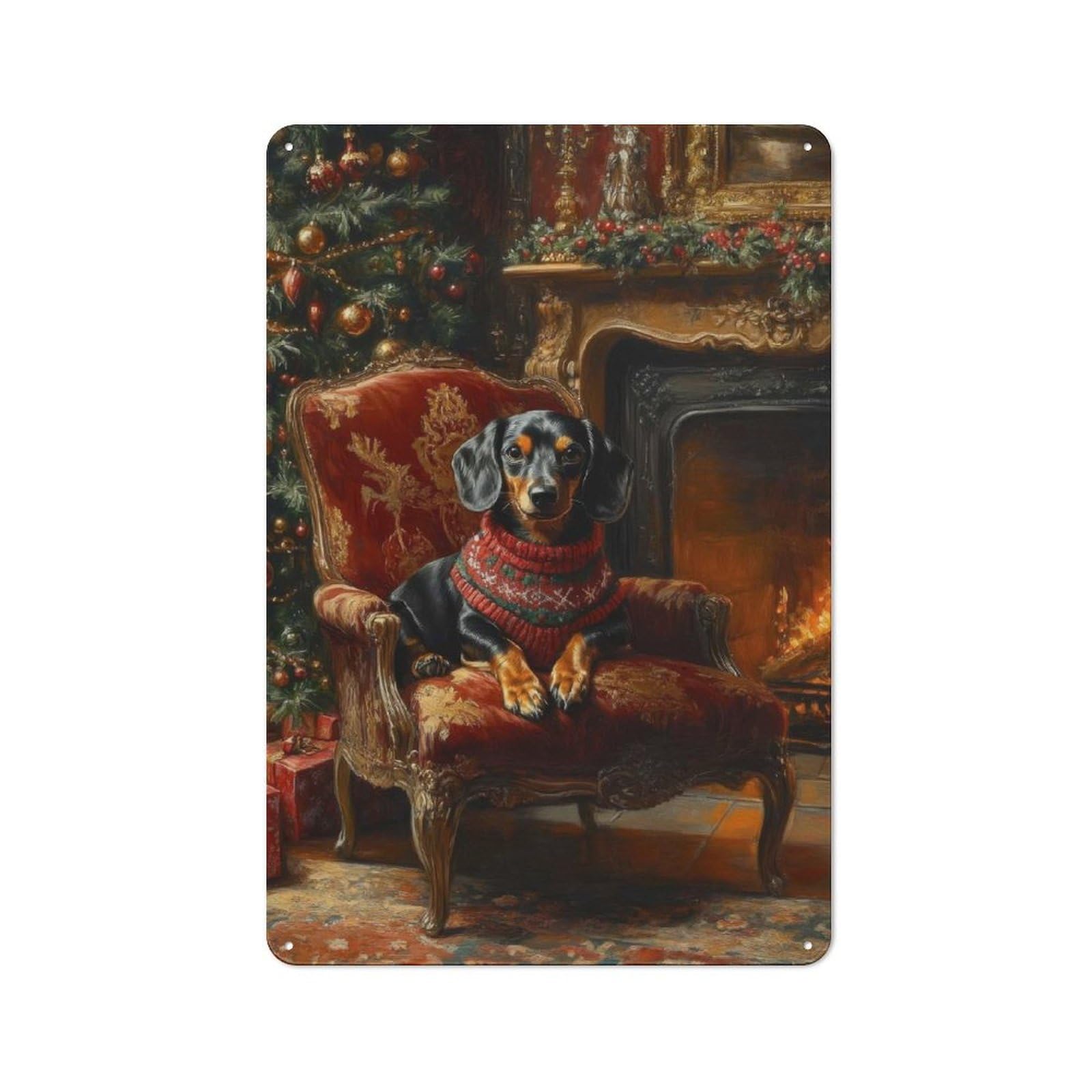 Junmoney Christmas Dachshund In Armchair By Fireplace Industrial-Style Metal Sign 30X20cm For Home Bar Wall, Housewarming Wall Decor For People Furnishing Home Bar