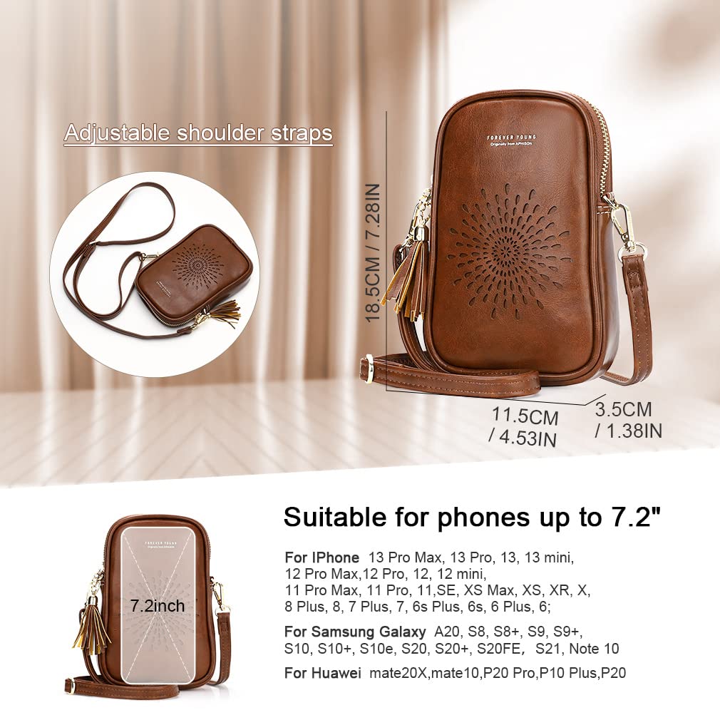 APHISON Cell Phone Purse Crossbody for Women, Sunflower Leather Phone Crossbody Bags for Women, Cute Phone Bag for Teen Girls with Tassel Adjustable Long Strap Coffee