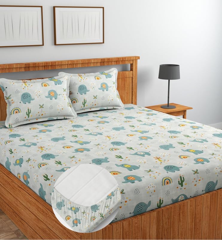 Image of RD FABS Glace Cotton Wrinkle Free Soft Hypoallergenic Elastic Fitted Cartoon Printed Bedsheets for Kids with 2 Pillow(Size,78 x 72 Inches(Fits up to 8 Inch),Grey Elephant),Double Bed,300 TC