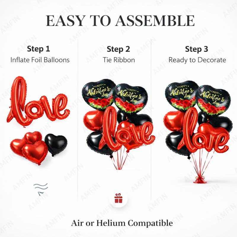 Image of AMFIN (Pack of 7) Happy Valentine's Day Foil Balloon Bouquet Love Cursive Heart Romantic Decoration Item - Red Black