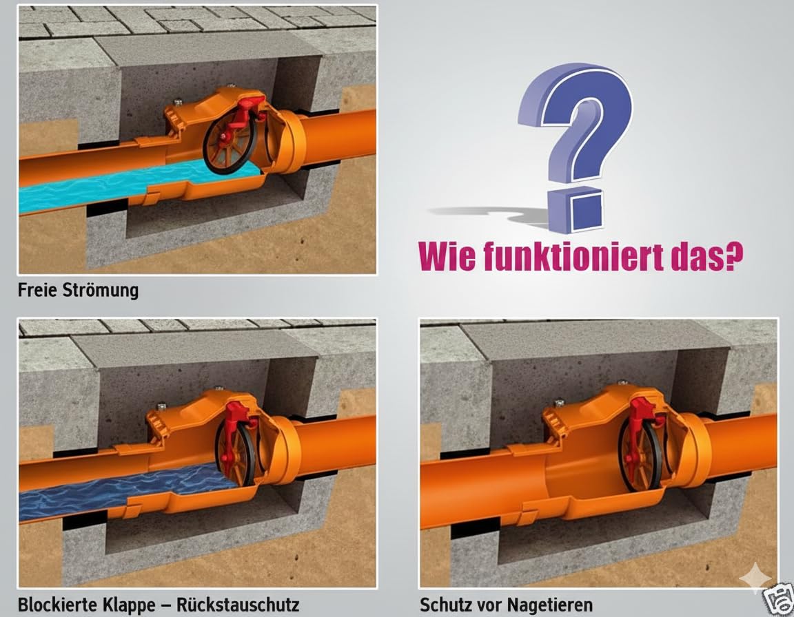 Rückstauklappe Ø DN110 Mit Abschließbarer Klappe, Rückstauverschluss Ø DN 110 Mit Rückstauklappe, Rückstauklappe, Rattenschutz für HT - KG Rohre (DN110 - Eine Klappe)