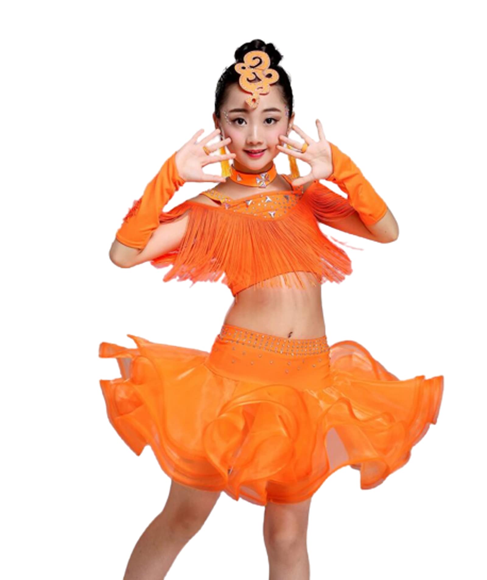 Kuteng Girls Green Fringe Latin Dance Dress For Children Salsa For Competition Skirts Costumes Ballroom Dancing Dresses,,170Cm
