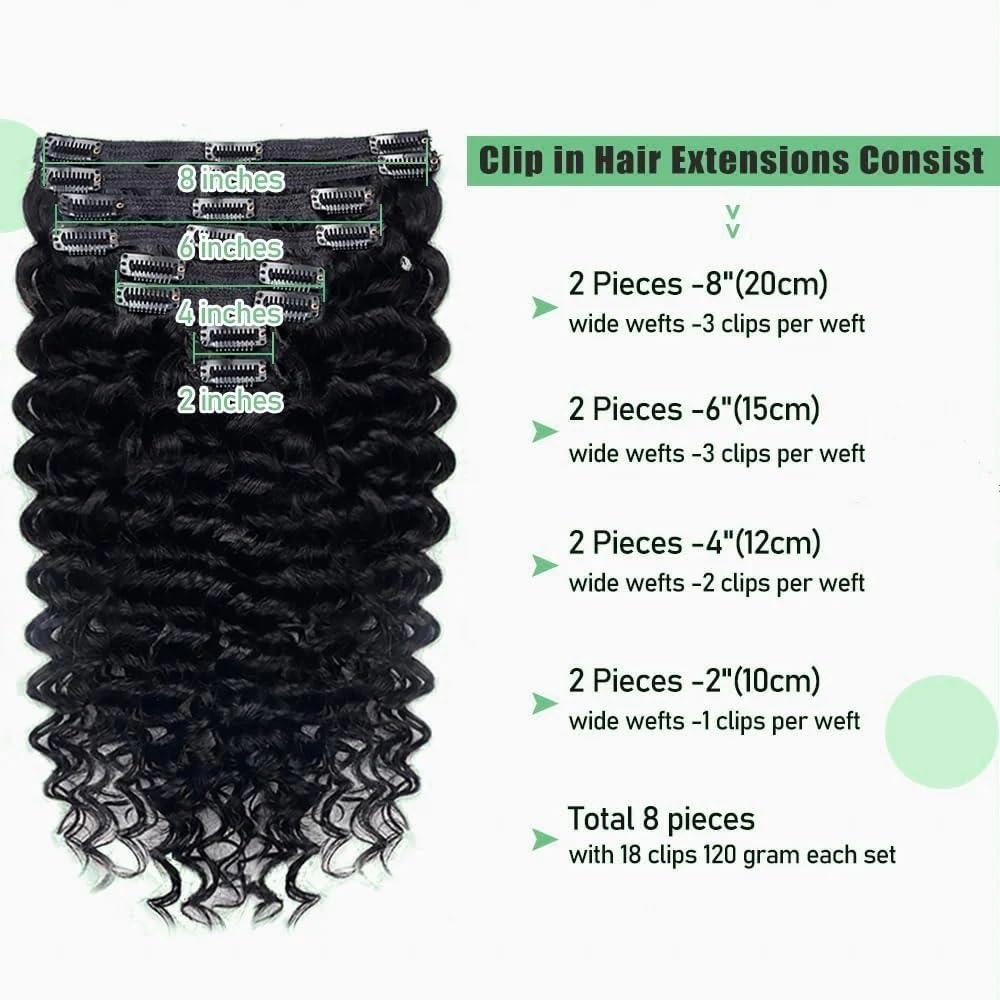 Deep Wave Clip Ins doczepiane naturalne włosy dla kobiet, 8 sztuk, prawdziwa grubość do końcówek, 8 sztuk, z 18 klipsami, 120 g (25,4-66 cm)