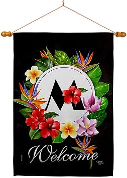 Breeze Decor Tropical M House Flag Dowel Set Monogram Spring Floral Sunflower Tulip Rose Orchid Lilies Season Springtime Flower Wreath Banner Small Garden Yard Gift Double-Sided, Made in USA
