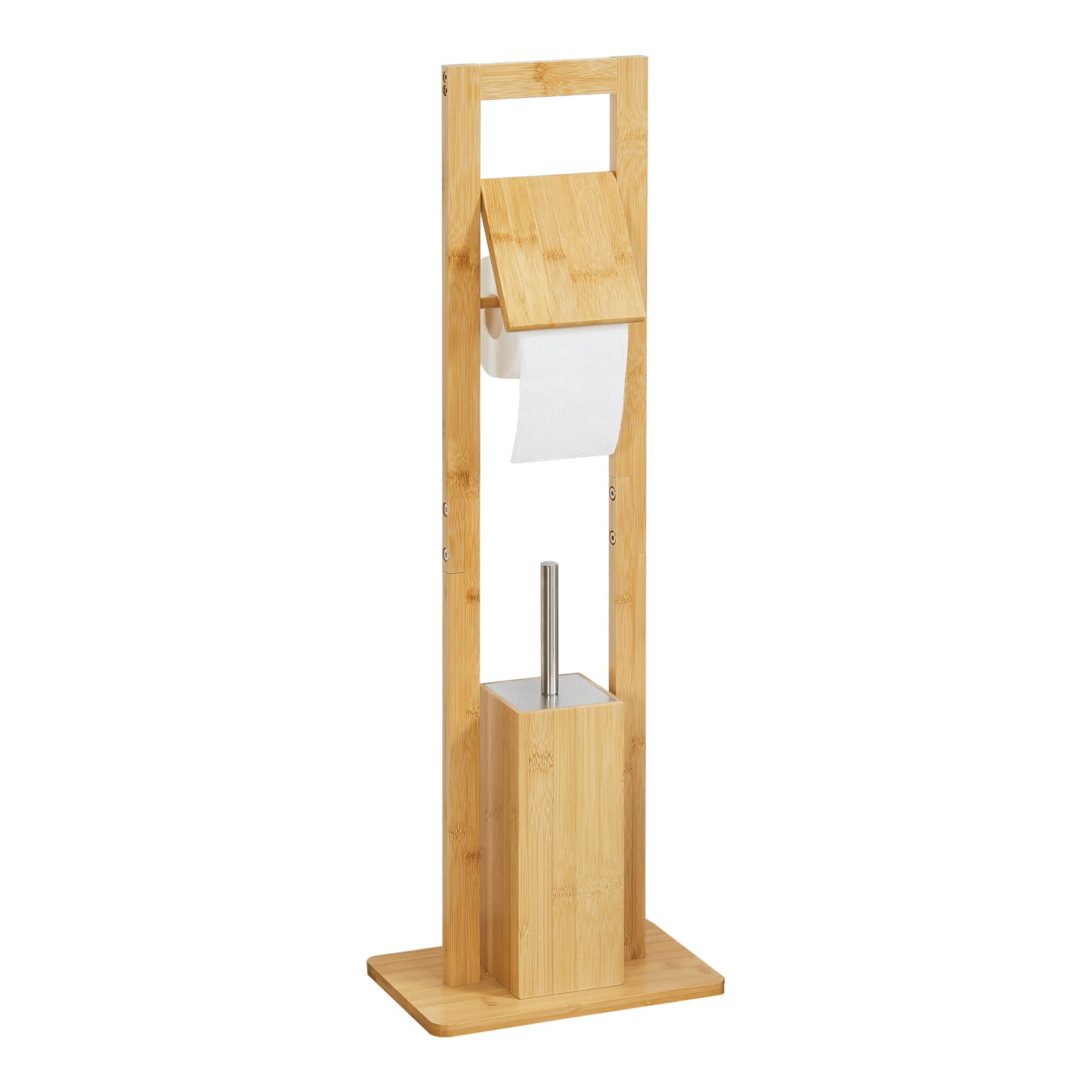 [en.casa] Escobillero de Pie con Portarrollos con Escobilla Juego de Baño Set de Aseo Inodoro Bambú/Acero/Plástico 83 x 28 x 18 cm Natural/Plateado