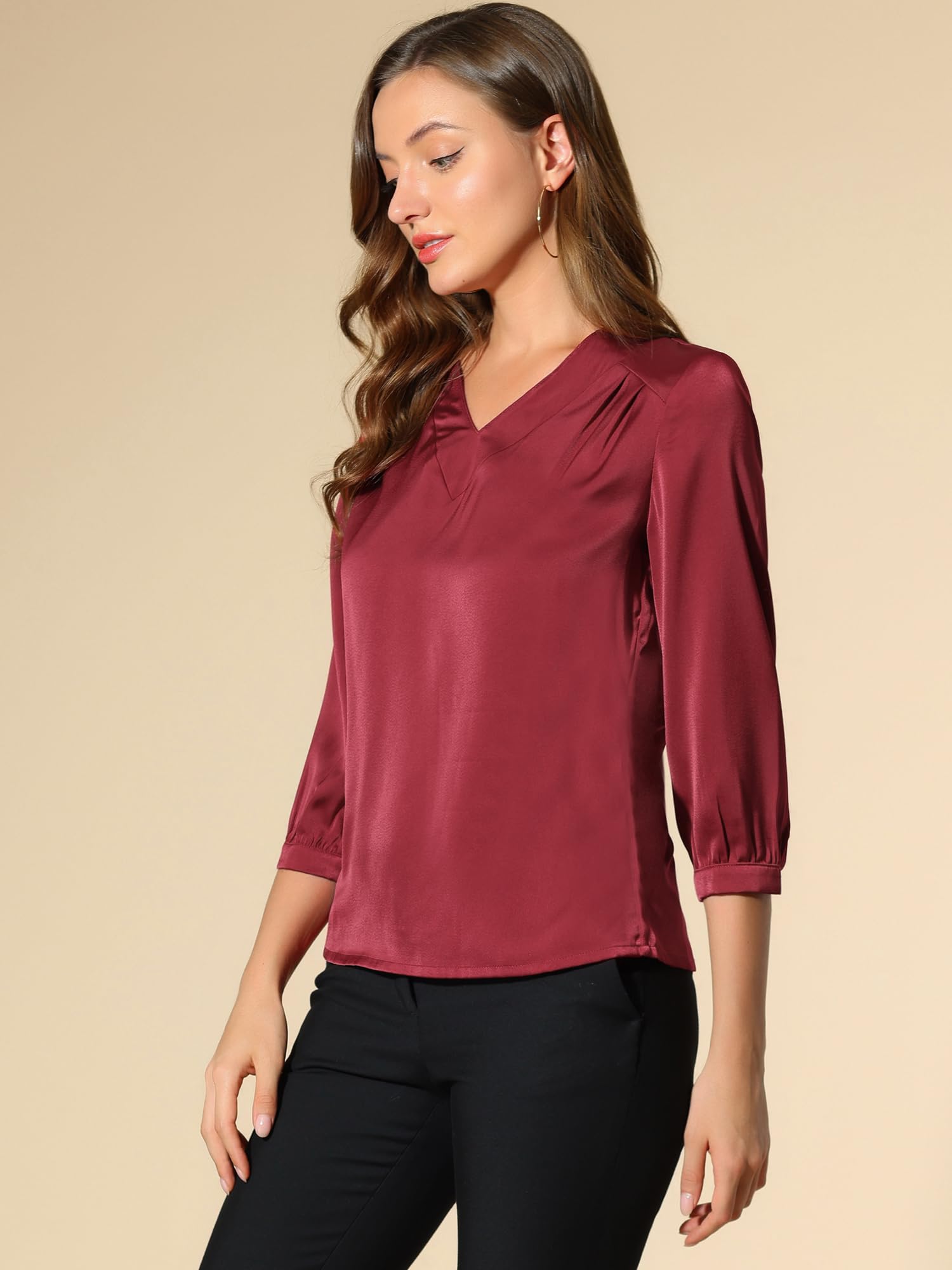 Allegra K Chemisier en satin pour femme à manches 3/4 et col en V pour l'automne 2025