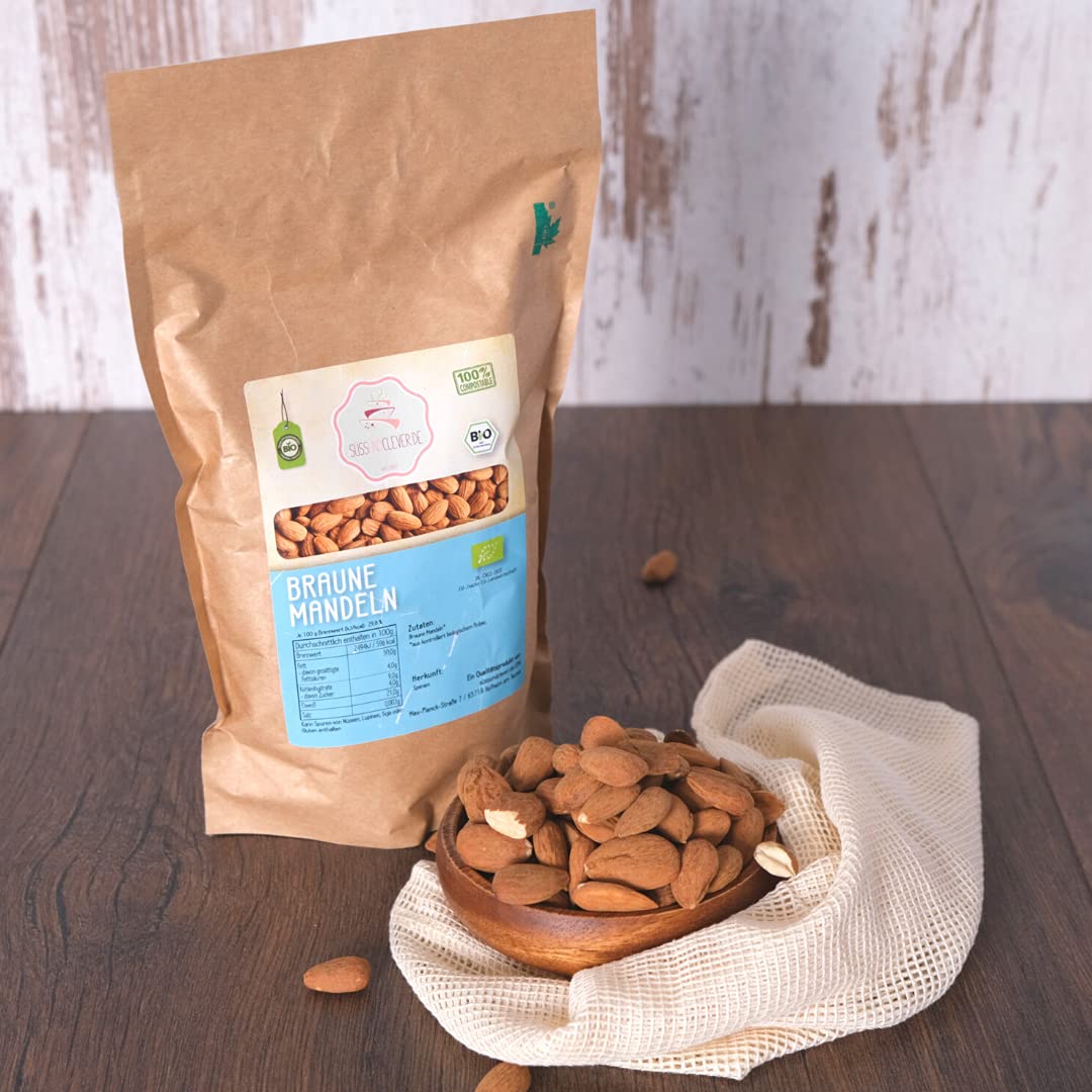 süssundclever.de® Bio Mandeln braun | 1,0 kg | Guara Mandeln aus Spanien | Natur | plastikfrei und ökologisch-nachhaltig verpackt