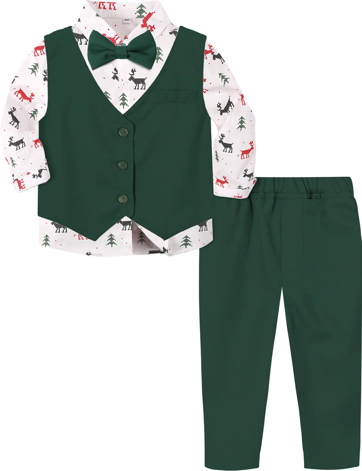 A&amp;J DESIGN 4pcs Baby &amp; Toddler Boy Print Suit Set for 12 Months - 5T, Shirt &amp; Pants &amp; Vest &amp; Bow Tie