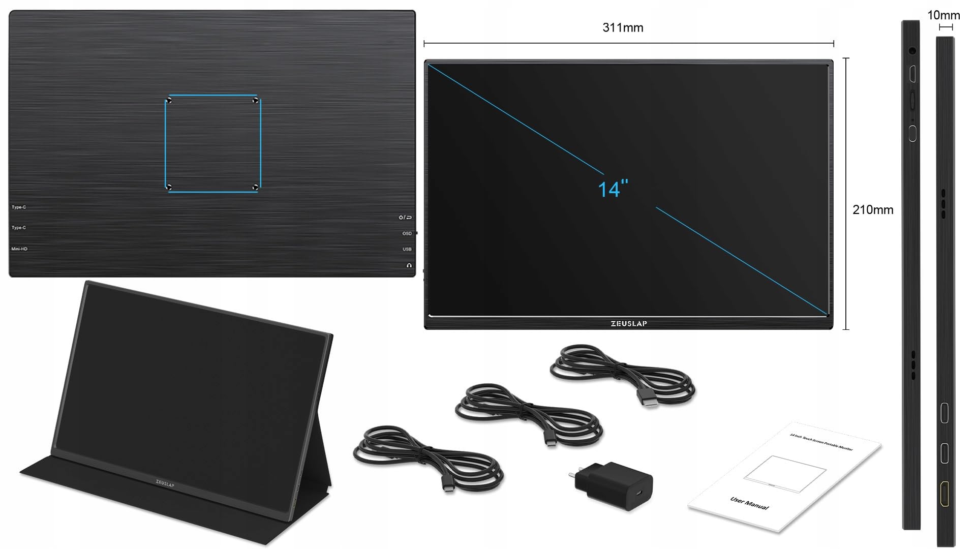 ZEUSLAP Z14 Lite Pro Monitor Przenośny Dotykowy 14" 1920x1080 IPS LCD 16:10 HDR USB-C Mini HDMI Dodatkowy Ekran do Laptopa Smartfona Konsoli Pracy Rozrywki VESA 75x75 Głośniki