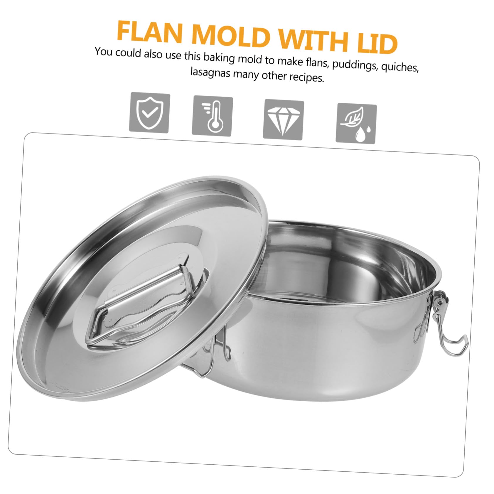Molde para Flan de Acero Inoxidable con Tapa y Mango para Hornear | Recipiente para Flan, Uso en Vaporera de Alimentos, Acabado Plata, Apto para Maíz y Arroz