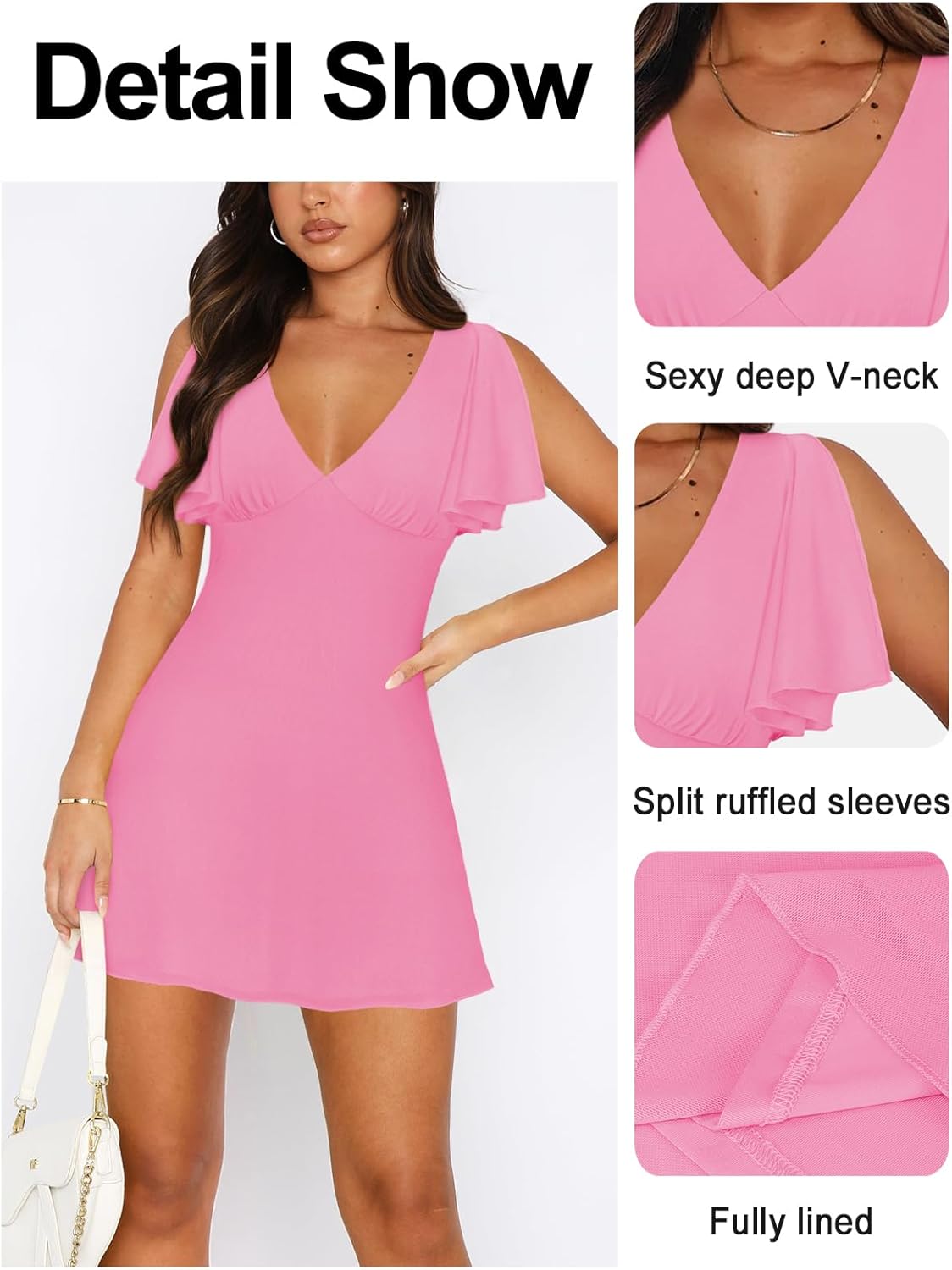 Women's Sexy Deep V-Neck Ruffle Sleeve Mini Dresses Summer Casual Bodycon Beach Cocktail Party Club Short Dress - Image 3