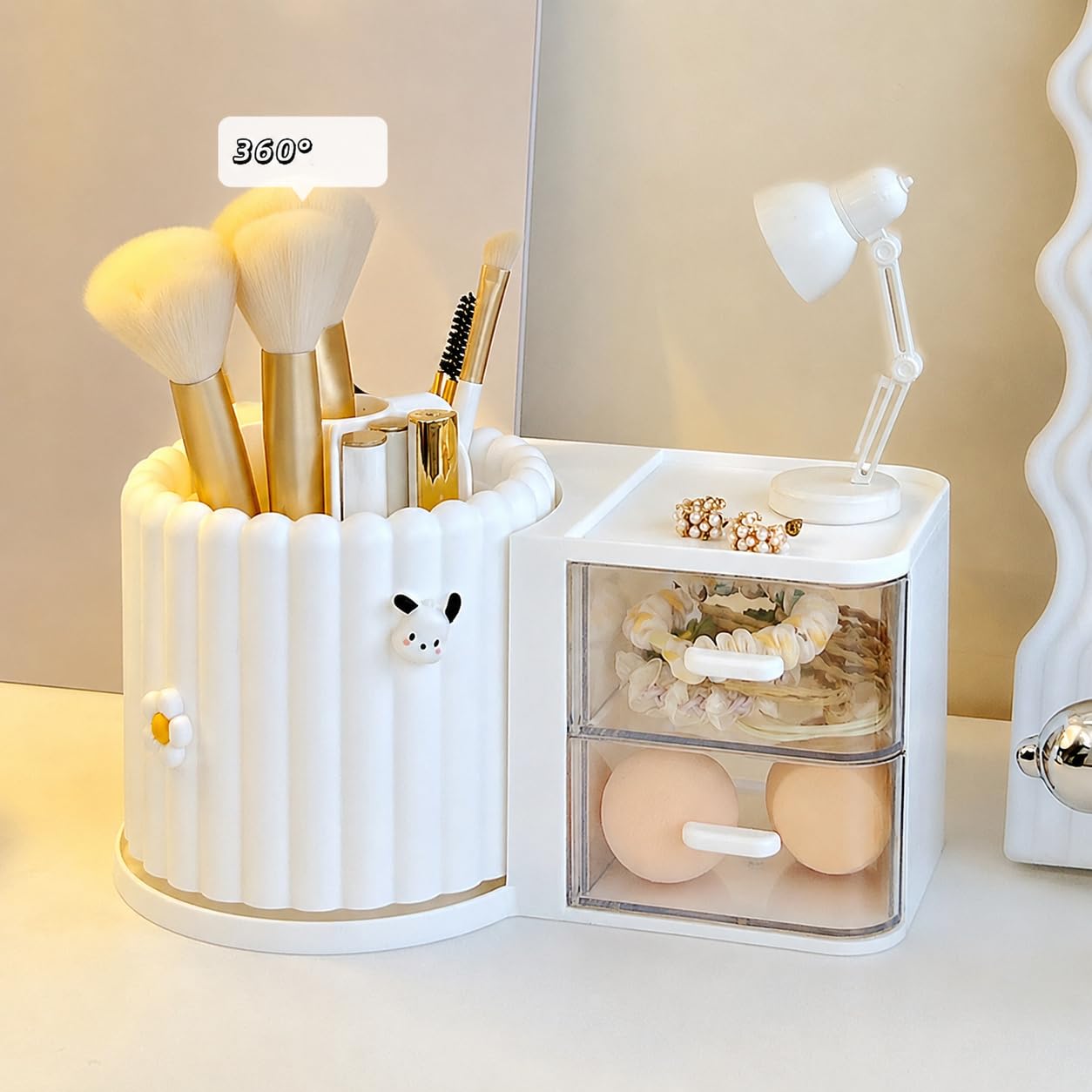 Makeup Organizer Countertop, 360 Rotating Makeup Brush Holder with 2 Drawer Organizer, Small Preppy Kids Desk Organizer, 9.25x5.11 Inch, White