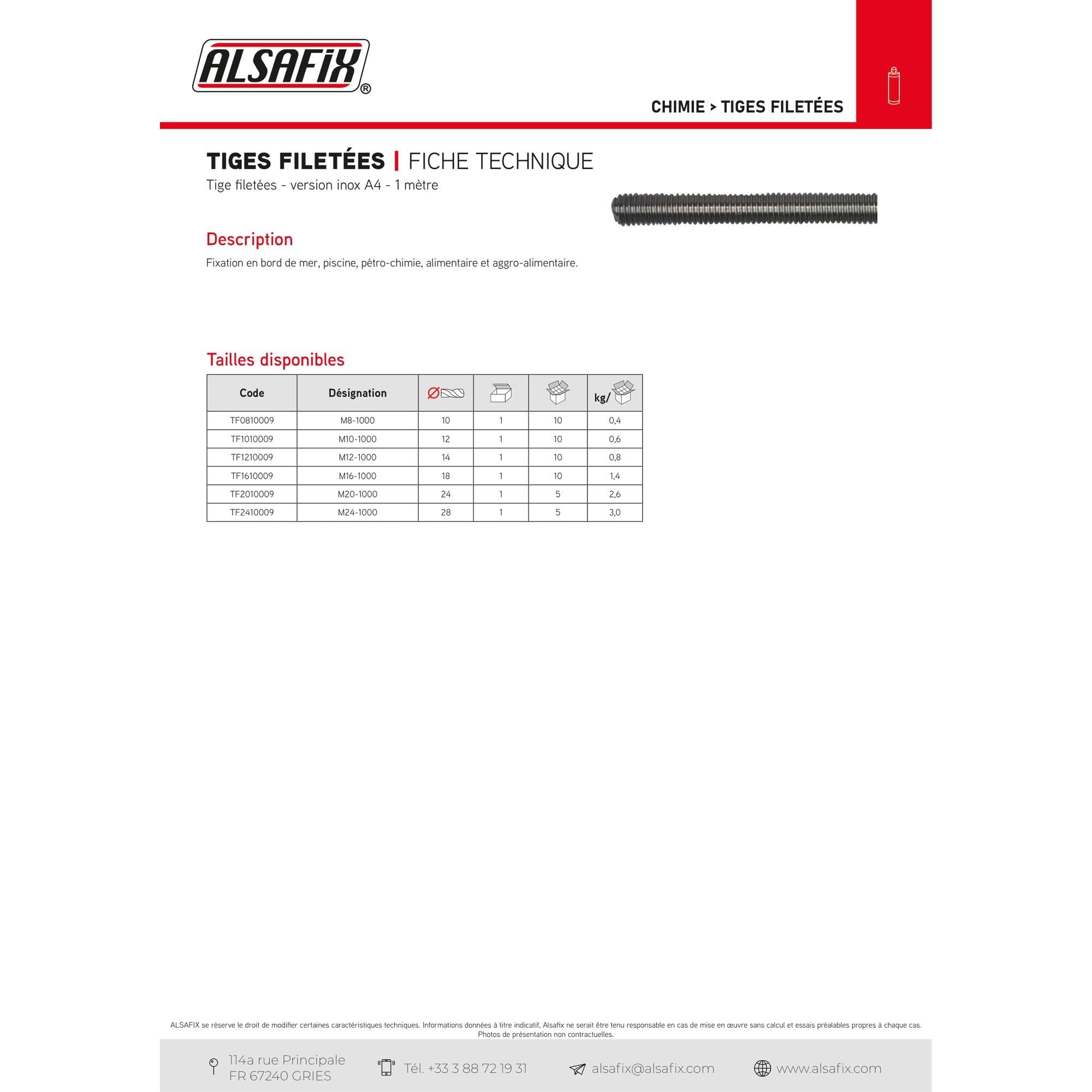 Alsafix - Tige filetée INOX A4 M16 x Lt. 1000 mm - TF1610009 - Alsafix