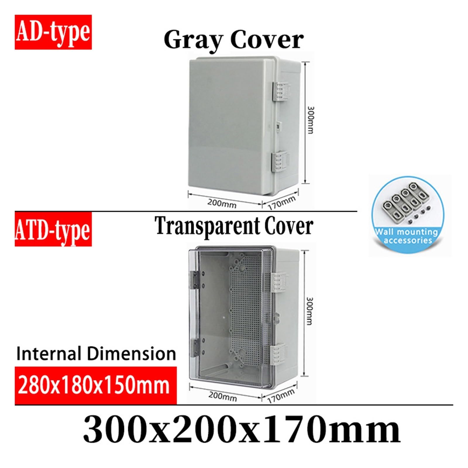 Caja de distribución de plástico impermeable for exteriores.(300x200x170mm,Gray cover)