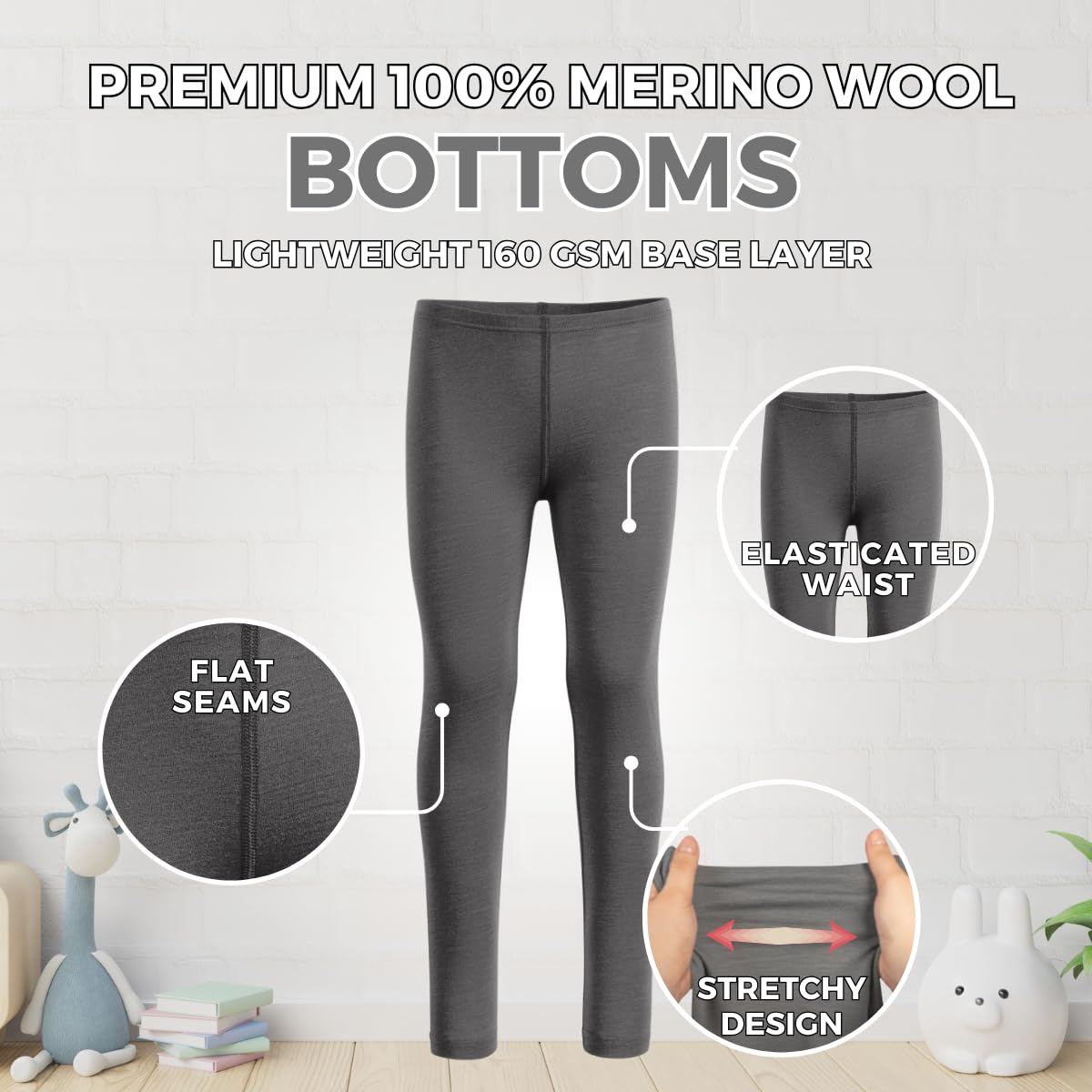 menique Leggings térmicos niños 100% Lana Merino, Gris, 86-92 | Mallas transpirables de secado rápido para niños y niñas, para fútbol, correr, senderismo, deporte outdoor y días fríos