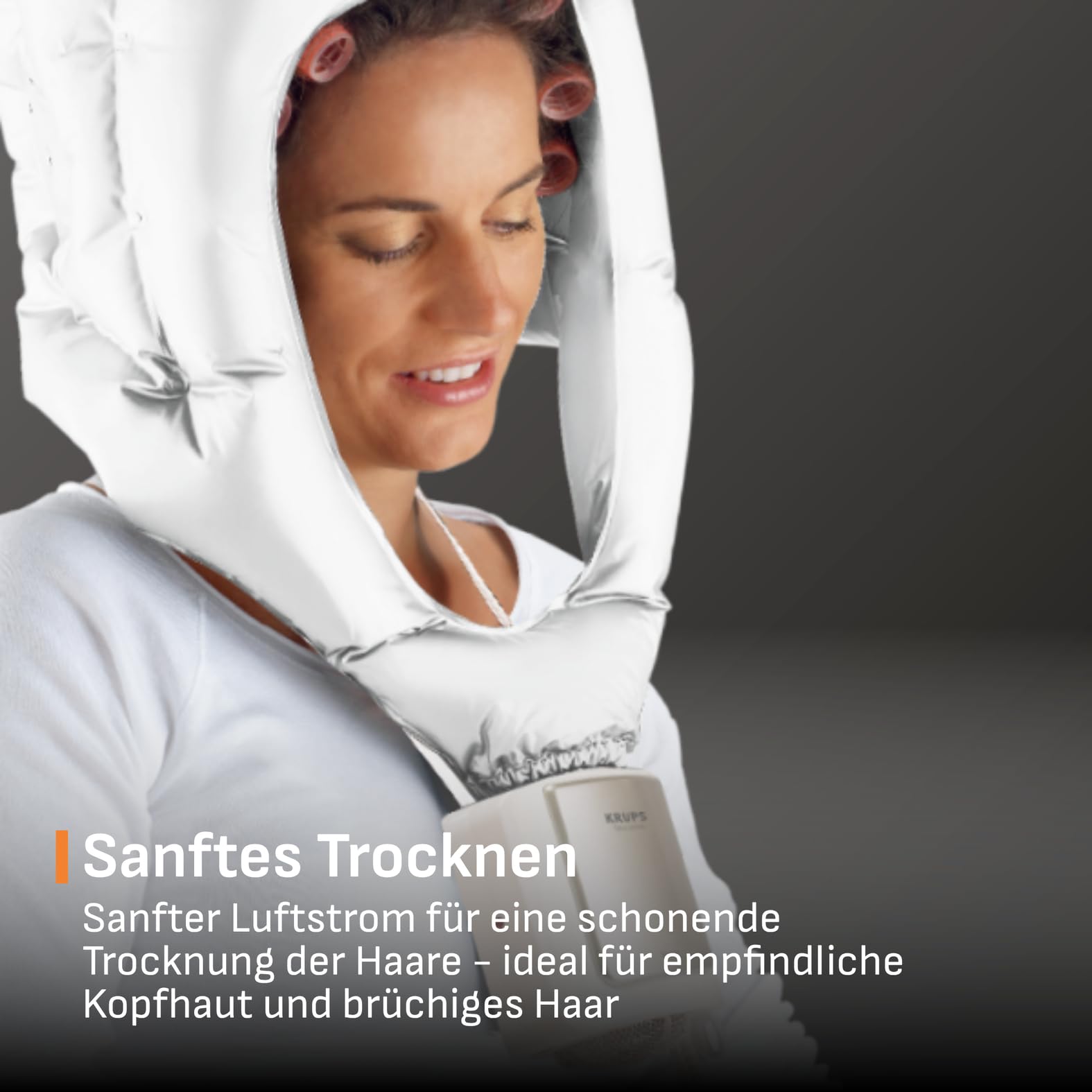 Krups Trockenhaube, 2 Temperaturstufen, Kaltluft-Funktion, Für voluminöses Haar, Langes Kabel, Aufbewahrungstasche, 600 Watt, Weiß, CF6000N1