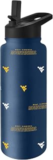 Logo Brands NCAA West Virginia Mountaineers Step & Repeat 34 oz Stainless Steel Quencher Bottle – All Over Logo Design, No-Spill Lid, Easy Carry Handle - Keeps Drinks Cold For Hours