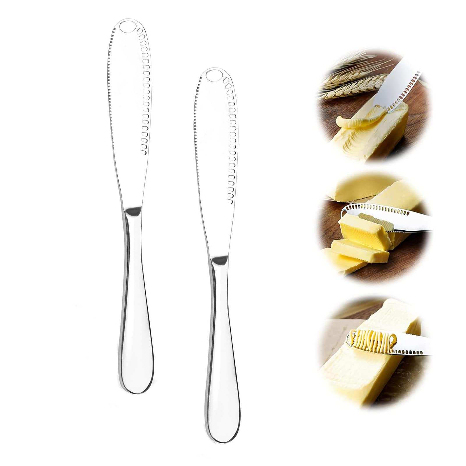 Cuchillos de Mantequilla,2 PCS Cuchillo Esparcidor de Mantequilla Profesional Aplicador de Mantequilla con Borde Dentado Acero Inoxidable para Pan Queso Mantequilla