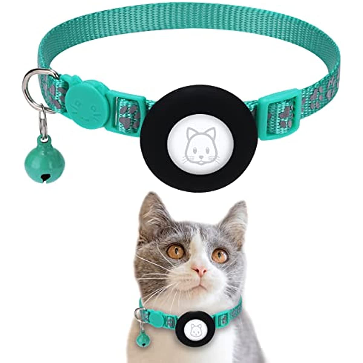 JADWA Airtag Cat Collar, Cat Collar with Safety Buckle and Bell, Reflective Cat Collar in 3/8" Width with Waterproof Airtag Holder for Small Pets Cats Puppies Kitten (Green)
