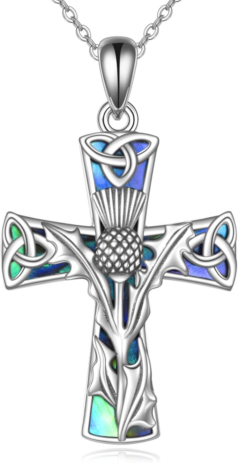 DAYLINLOVE Scottish Thistle Cross Necklace 925 Sterling Silver Scottish Necklace Religious Cross Pendant Necklace Scottish Gifts for Women