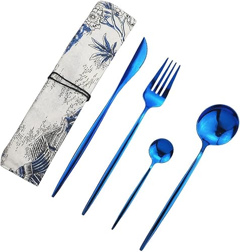 JASHII Juego de cubiertos portátiles de 8 piezas, incluye cuchillo, tenedor, cuchara, palillos, pajitas, juego de utensilios de acero inoxidable,