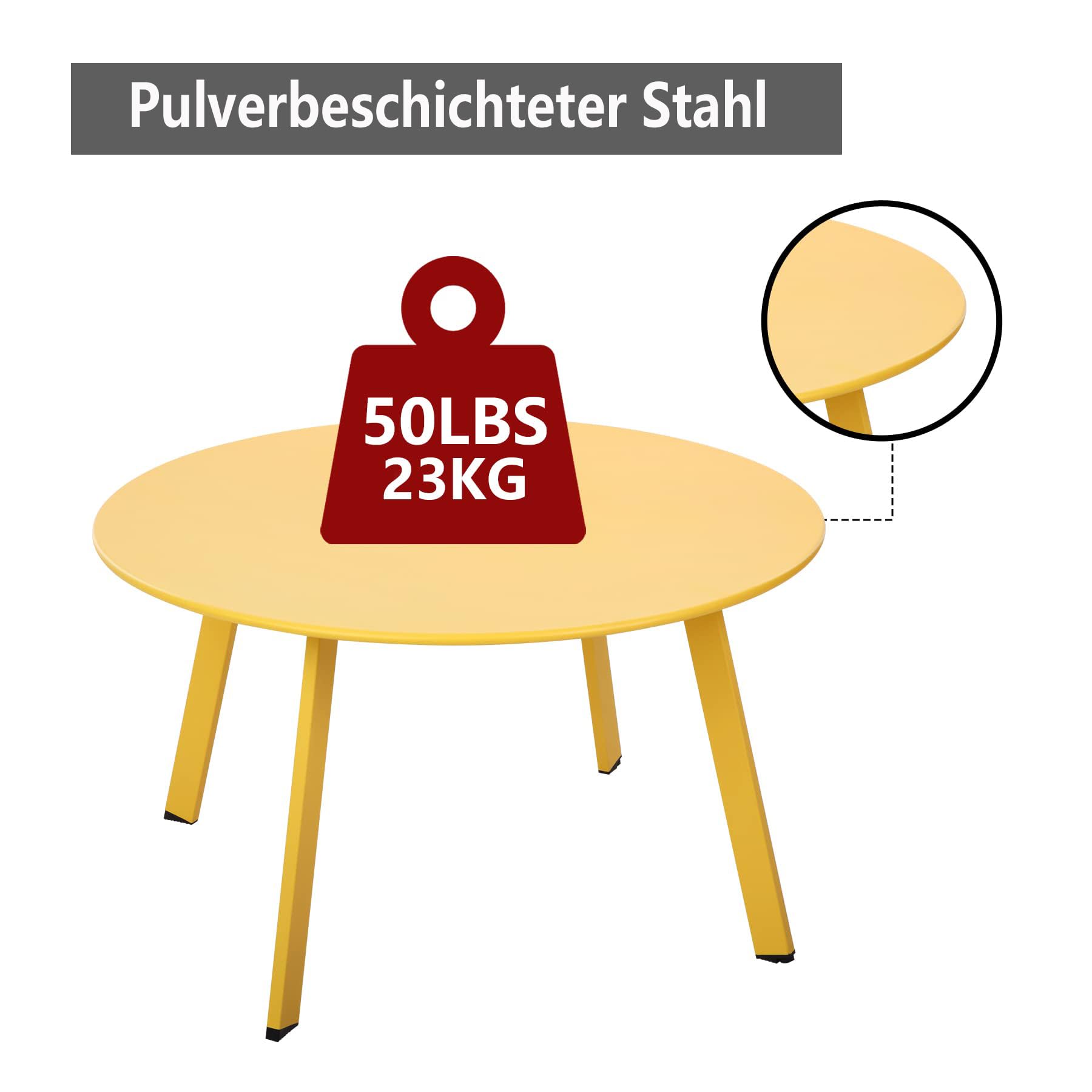 Fokebel Table d'appoint, ronde, en métal, basse, avec pieds réglables, pour jardin, canapé, jaune, diamètre x hauteur : 70 x 40 cm