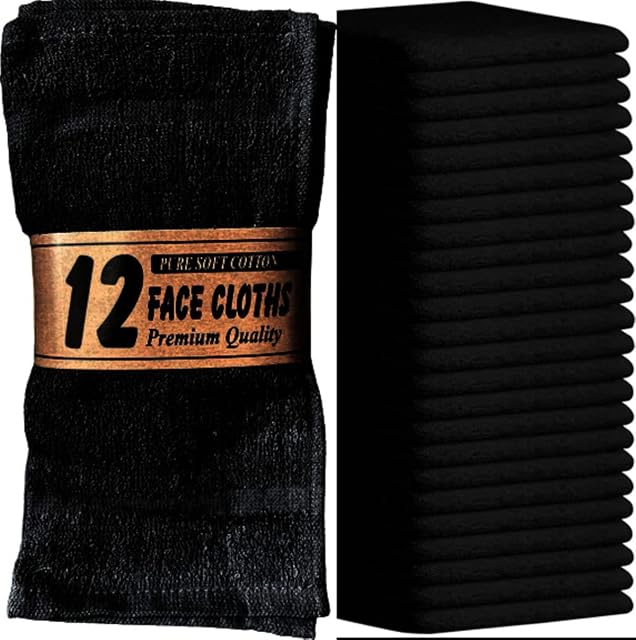 Rasmi Pack of 12 Cotton Washcloth Set - 100% Egyptian Cotton Flannel Face Cloth 30x30 cm - Hotel Spa Bathroom Maker Remover Towel Set (Black)