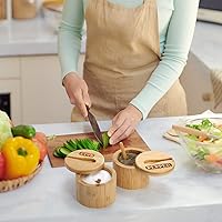 Vista 5 de Lawei Paquete de 2 cuencos de bambú para sal y pimienta, recipiente redondo para sal con tapas magnéticas giratorias y cucharas, bodegas de sal