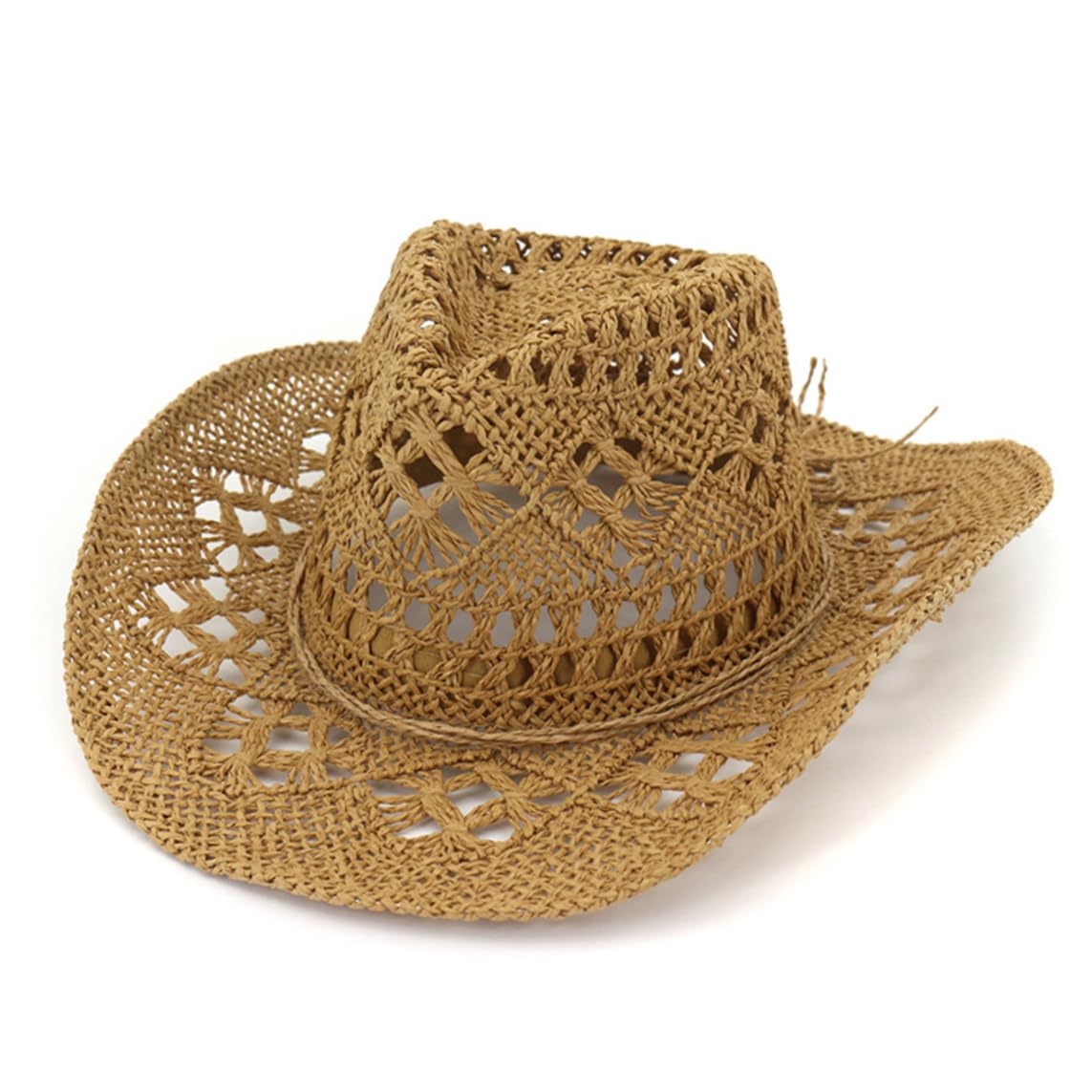 Sombrero de Vaquera Marrón, Sombrero de Vaquero de Paja Unisex Tejido a Mano Transpirable Vaquera Occidental Diseño Hueco Sol de ala Ancha para Fiesta en la Playa de Verano al Aire Libre Mujeres Homb
