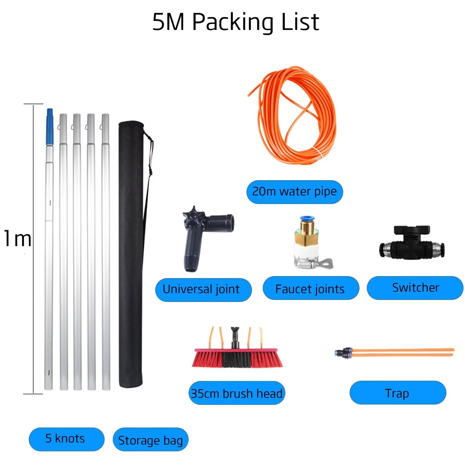 Cepillo de limpieza de paneles solares ajustable de 5 a 12 m y kit de poste de alimentación de agua, herramienta de limpieza de ventanas para un lavado eficiente de paneles solares y ventanas, cabezal
