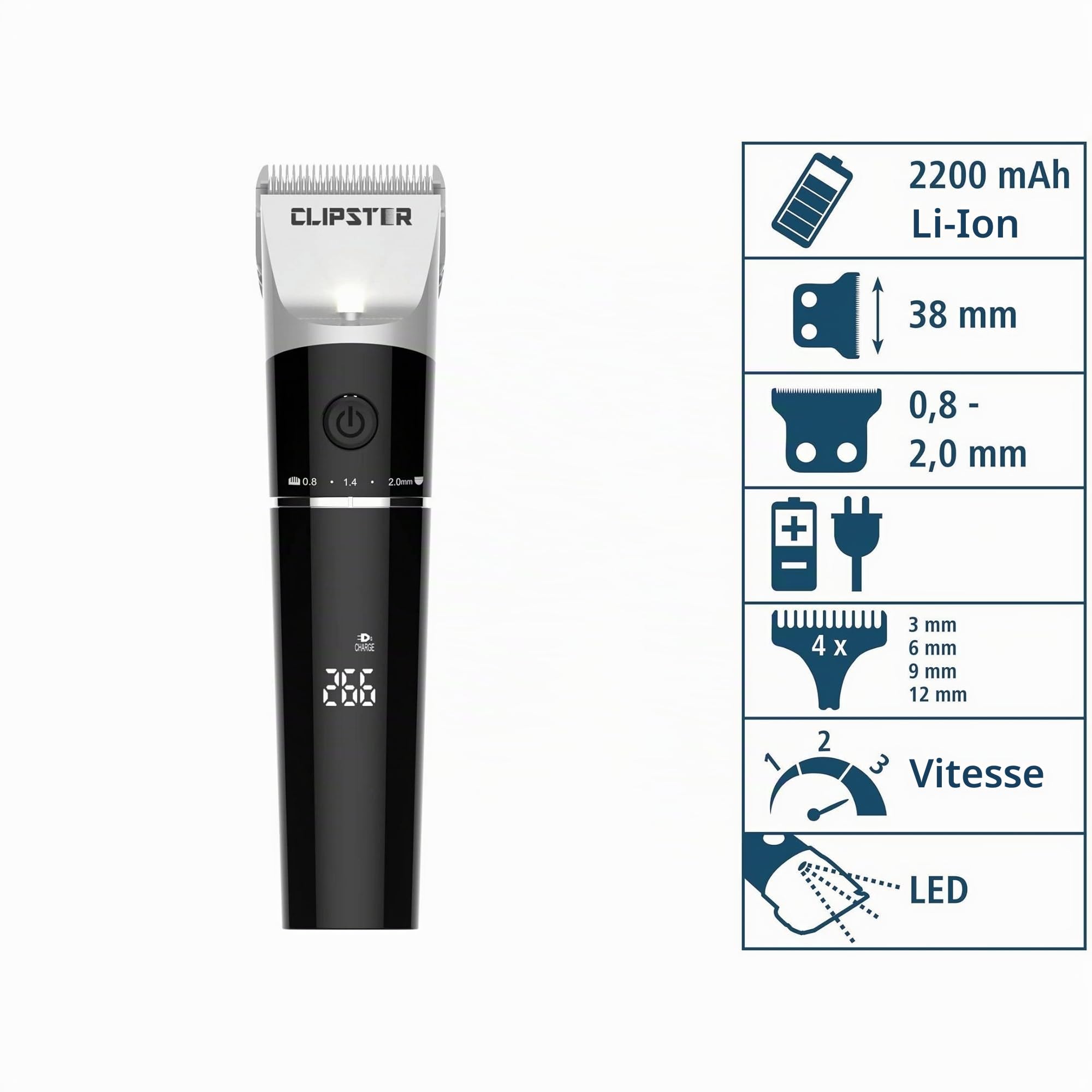Tondeuse sans fil Clipster DeloX pour animaux 4 sabots 38 mm 300 min batterie lithium-ions