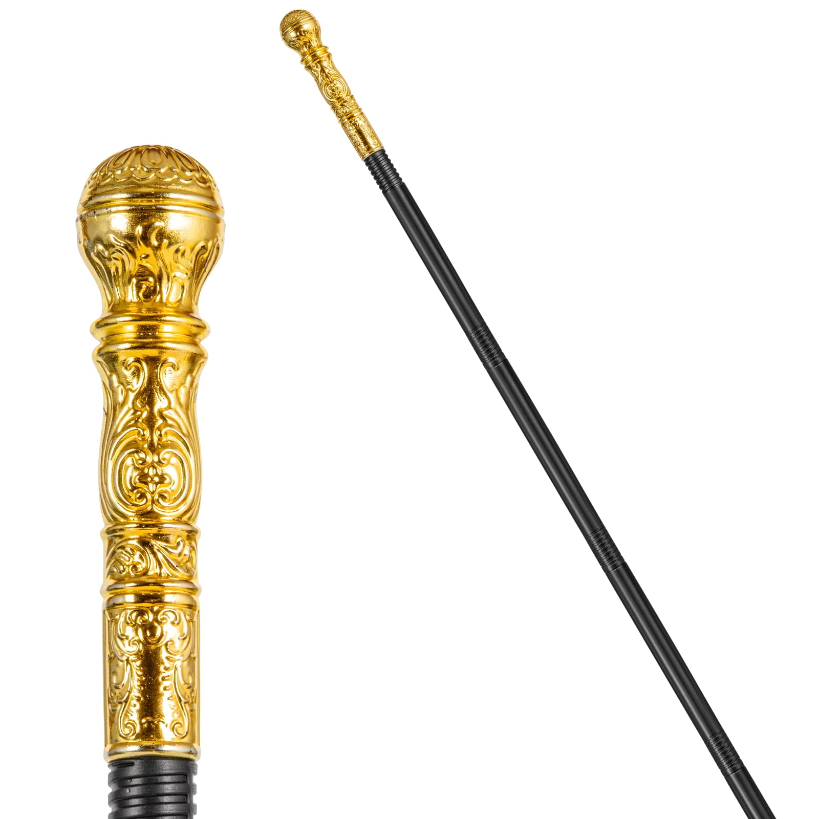Halloween Vintage Cane Scepter Wizard Staff, 4-Section King Staff 55 inches Golden/Silver Elegant Prop Stick Scepter Walking Canes for Adult Dress-up play and pretend Parties (gold plated)