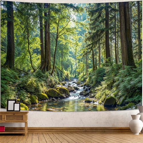 Kanuyee Sunlit Forest Stream Landscape Tapestry Tranquil Nature Wall Hanging for Room Decor Peaceful Woodland Home Decor 60L x 44W
