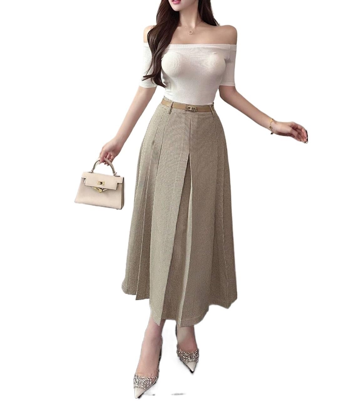 Womens Button Zipper High Waist Pleated Elegant Midi Skirt Trendy Stylish Skirts