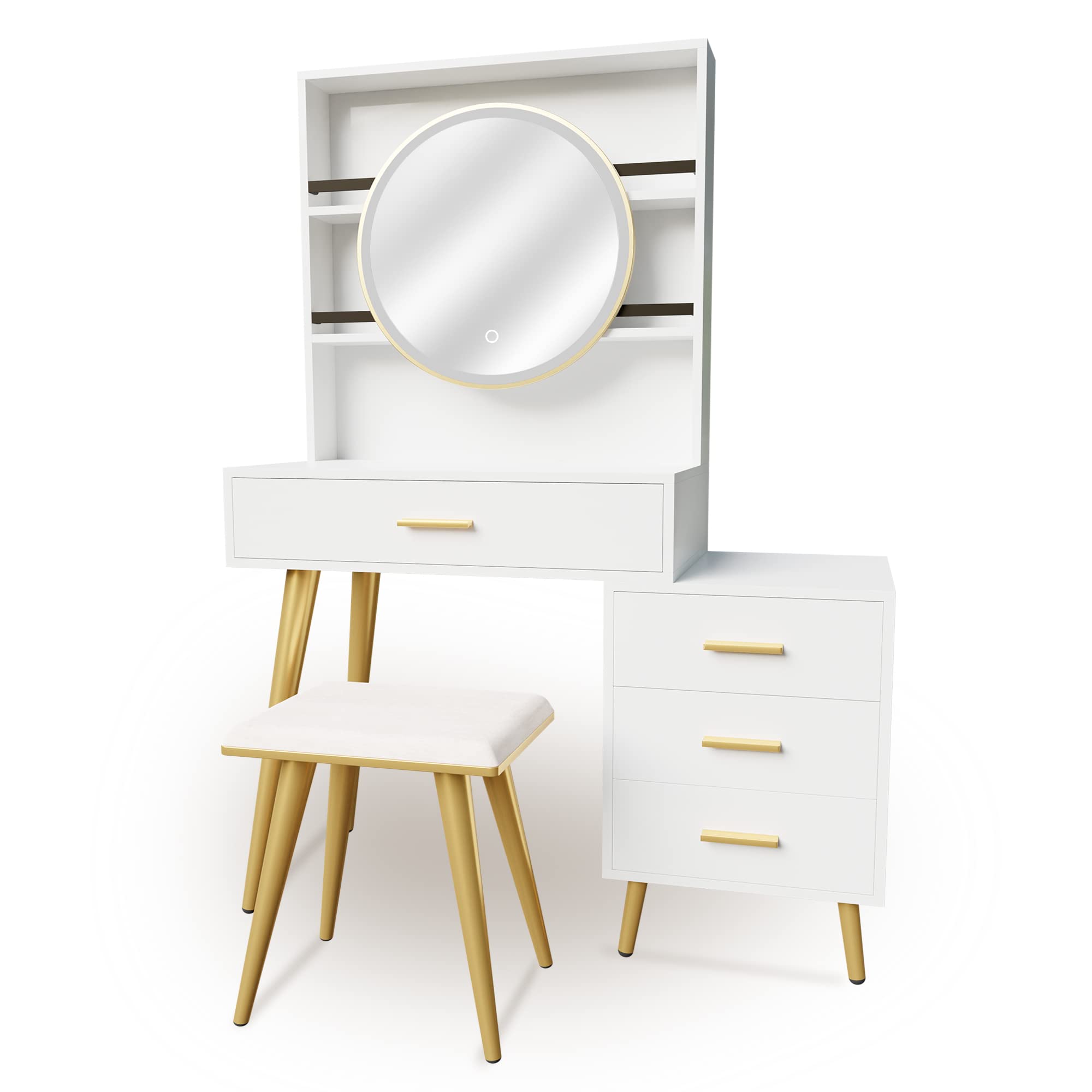 NeuType Bureau de Coiffeuse avec Miroir et lumières, Meuble de Maquillage avec 4 tiroirs, Miroir de courtoisie avec lumières et Table, 3 Modes d'éclairage, luminosité réglable, Tabouret rembourré