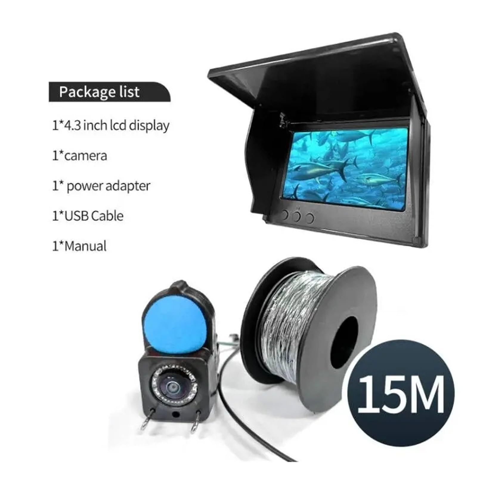Detector de Peces, Cámara de Pesca submarina portátil con Monitor LCD 4,3" buscador Peces Impermeable visión Nocturna(15M)