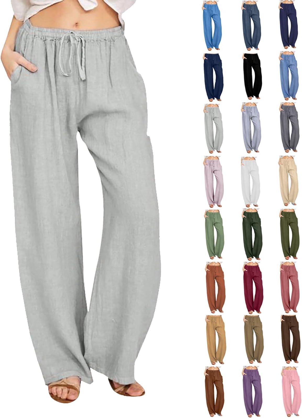KASAASCotton Linen Pants Women, Summer Wide Leg Casual Loose Drawstring High Waist Palazzo Pants with Pockets