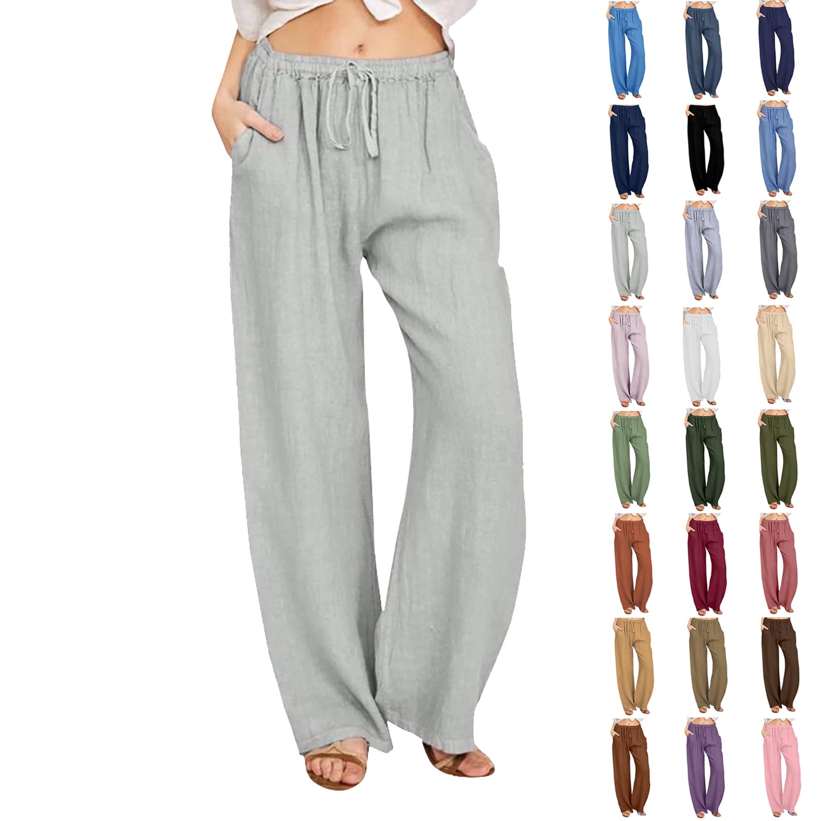 KASAASCotton Linen Pants Women, Summer Wide Leg Casual Loose Drawstring High Waist Palazzo Pants with Pockets
