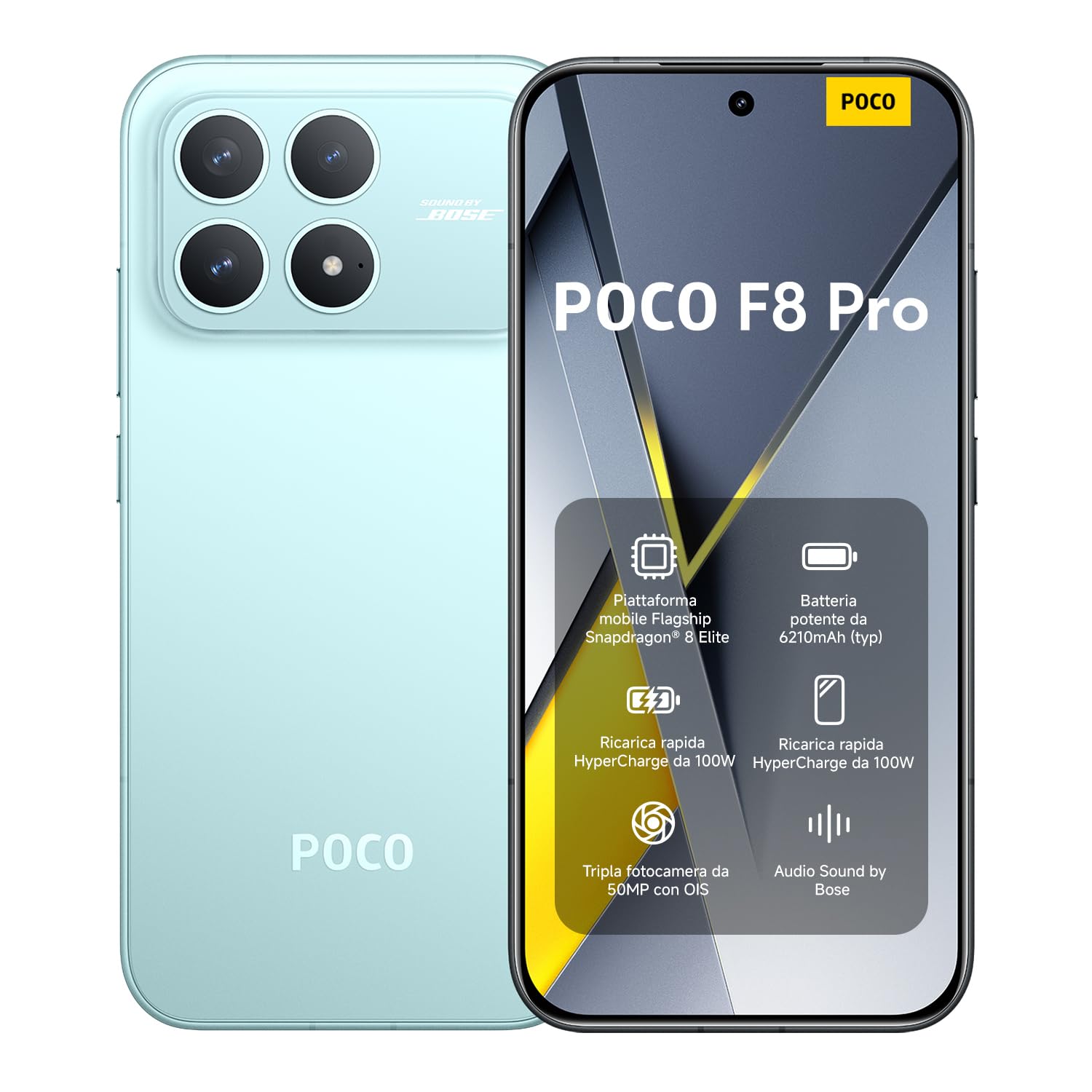 XIAOMI POCO F8 Pro, Smartphone 12+512 GB, Display AMOLED 6,59" 120Hz, Tripla Fotocamera 50MP Teleobiettivo 60mm, Audio Sound by Bose, Batteria 6210mAh, Blu, Garanzia 2 anni, Caricatore escluso