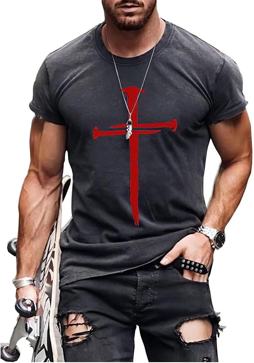 MARSVOVO Men's Vintage Oil Painting Faith Jesus Cross Print Casual T-Shirts Christ Crewneck Short Sleeve Shirts for Men