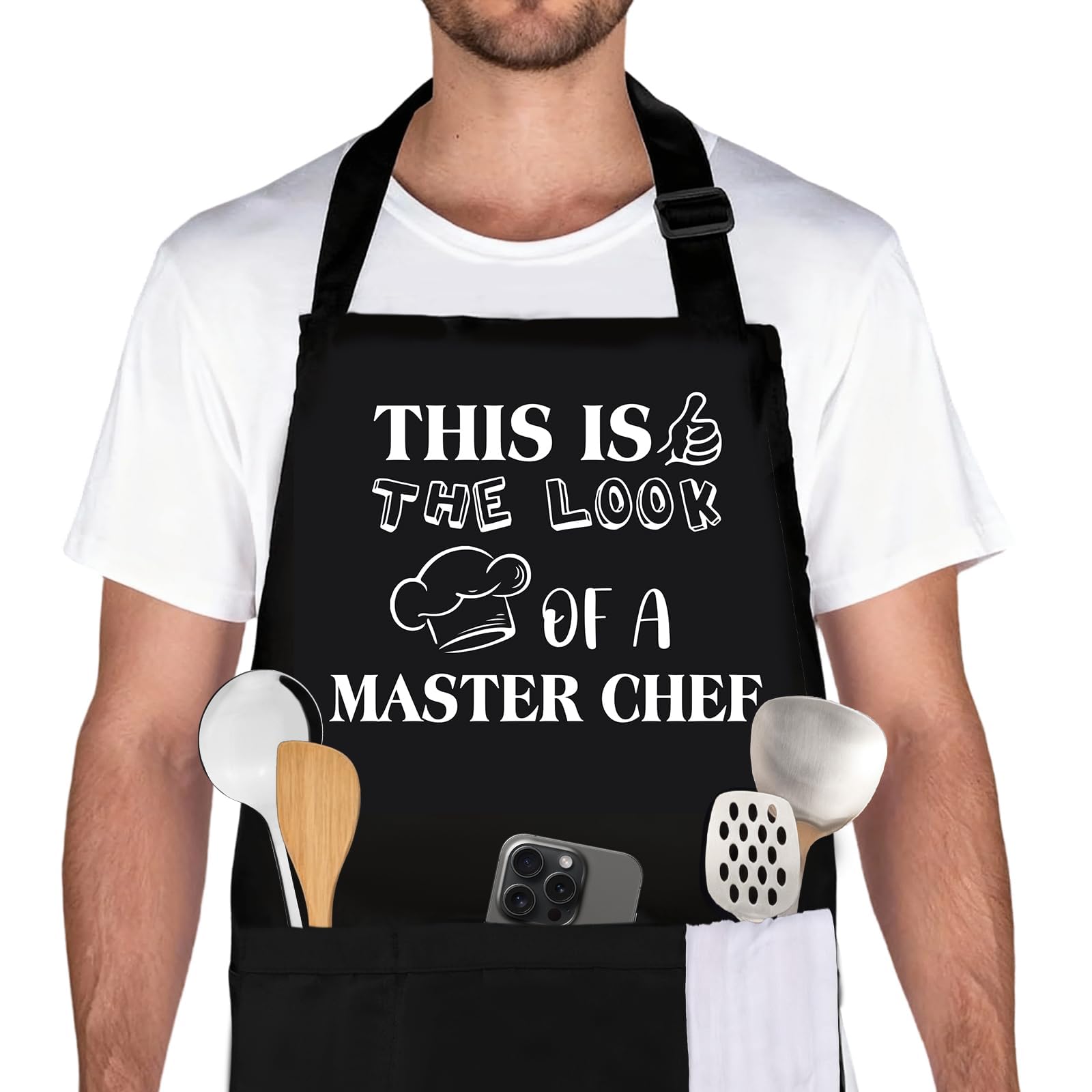 Belillpipi Adjustable Apron for Men - Funny Black BBQ Chef Aprons with Pocket - Cooking Chef Aprons Father’s Day Gifts for Men, Kitchen Cooking Grilling Apron (This is the look of a Master Chef)