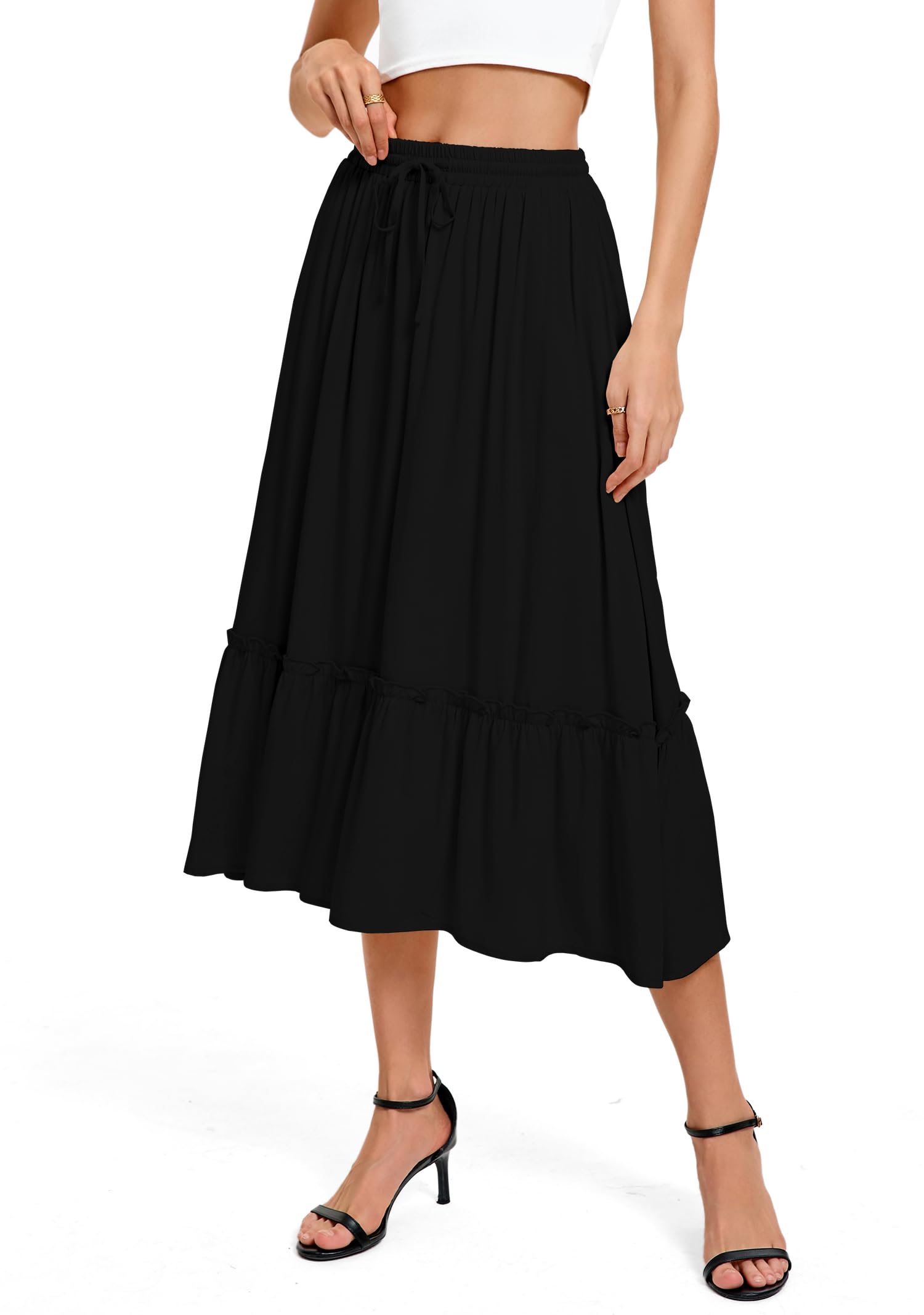 Urban CoCo Womens Elastic Waist Flowy A-Line Midi Long Skirt Below Knee with Pockets