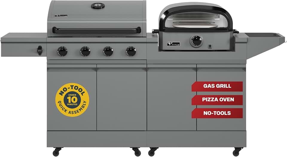 Tytus 2-in-1 Gas Grill 4-Burner, Pizza Oven, Prep Cart, 721 sq in