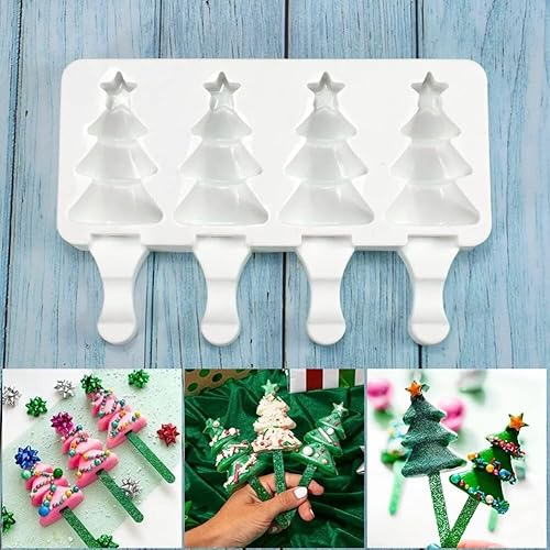 Miniatura 6 de 1 paquete de moldes de silicona con forma de árbol de Navidad de Navidad, moldes de paletas de hielo de 4 cavidades para niños y adultos, molde de