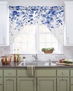 Royal Blue Eucalyptus Swag Valances for Windows, Light Filtering Valance Curtains, Farmhouse Leaf Branch Botanical Rod Pocket Toppers Kitchen Valances for Window Cabin Bedroom Living Room 56x36 Inches