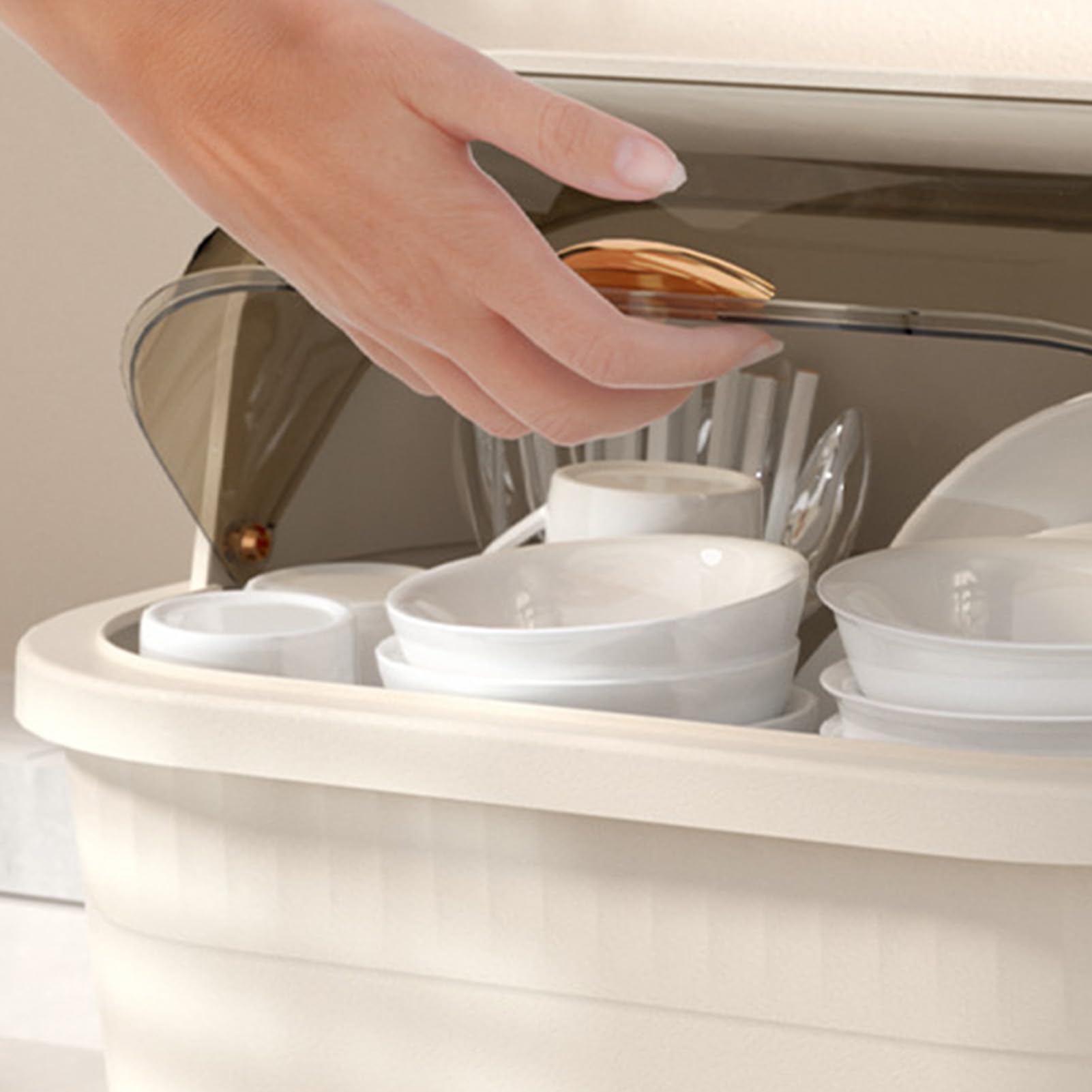 Escurridor de Platos con Tapa Caja de Secado de Platos de Plástico Escurridor de Platos Multifuncional para Ahorro de Espacio para Accesorios de Cocina (Albaricoque M)