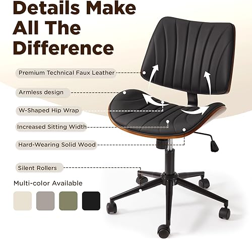 Miniatura 5 de EROMMY Silla de escritorio de oficina sin brazos, con respaldo de madera, silla de escritorio de oficina pequeña, sin brazos, altura ajustable,