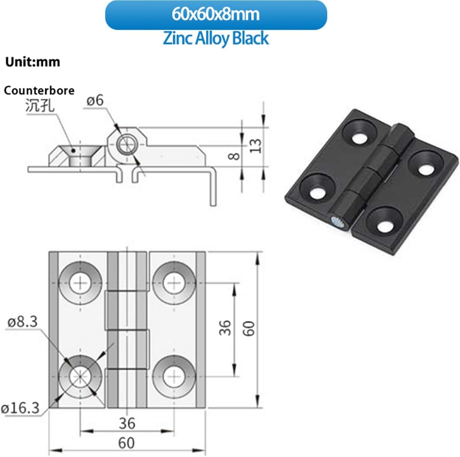 Zinc Alloy Square Hinge for Cabinet Door, Suitable for Industrial Machinery, 1pc(60x60x8-Counterbore)