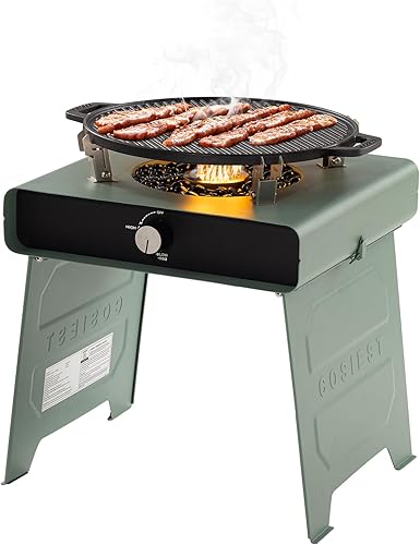 COSIEST Fogata de propano para exteriores de 15.7 pulgadas, mesa plegable sin humo con bandeja para hornear, mini hoguera de hierro inoxidable con